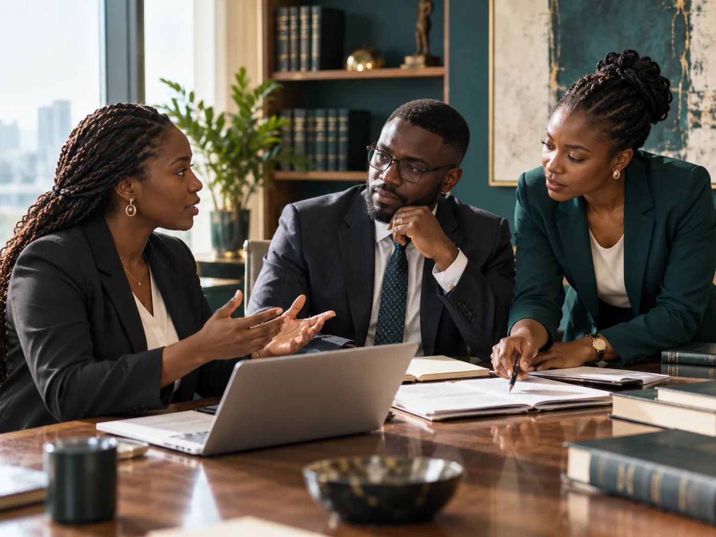 Legal professionals collaborating around an office table