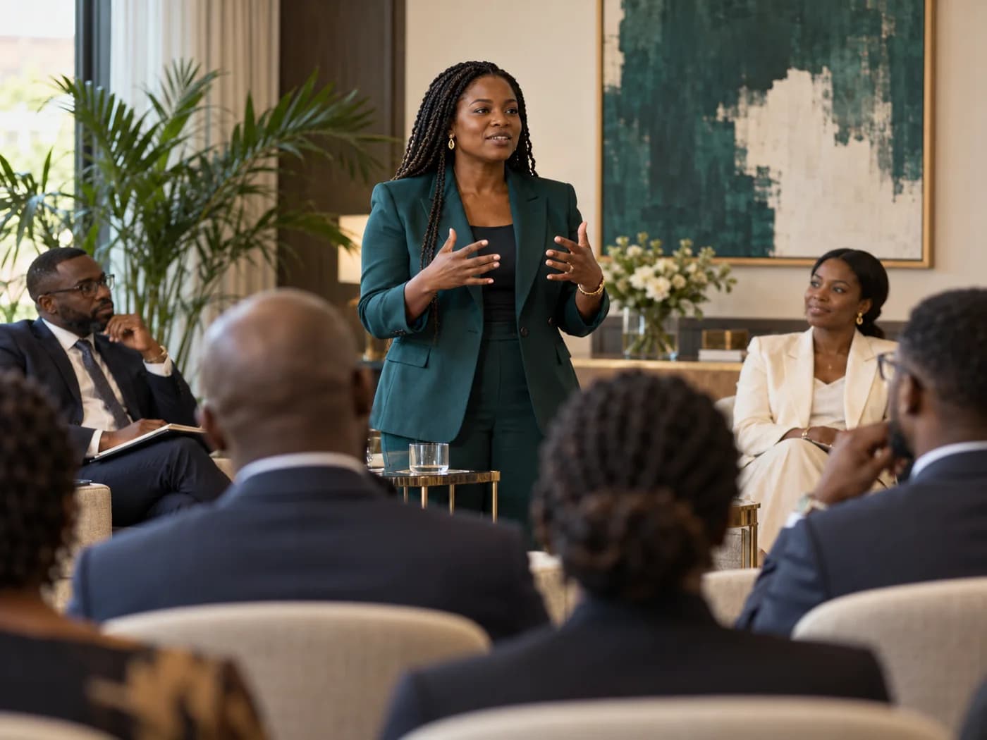 Professionals attending a legal conference and listening to a speaker