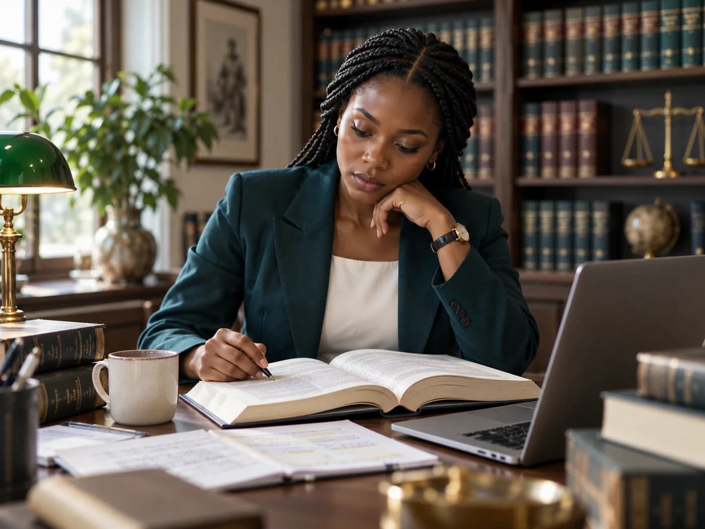 A legal researcher reviewing books and case notes in a library